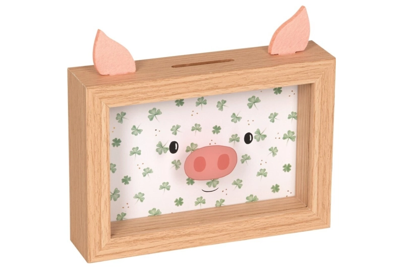 Hucha cerdito con marco Buena Suerte