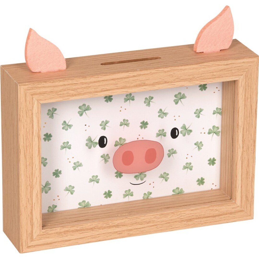 Hucha cerdito con marco Buena Suerte