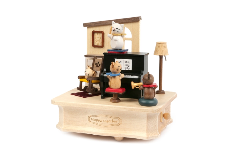 Caja de música de madera:  Gatos tocando el piano