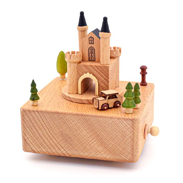 Caixeta Musical Fusta Castell amb Cotxe en Movimen