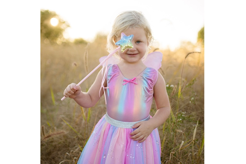Falda  de Lentejuelas Arco Iris con Alas  y Varilla de Estrella, talla 4-6