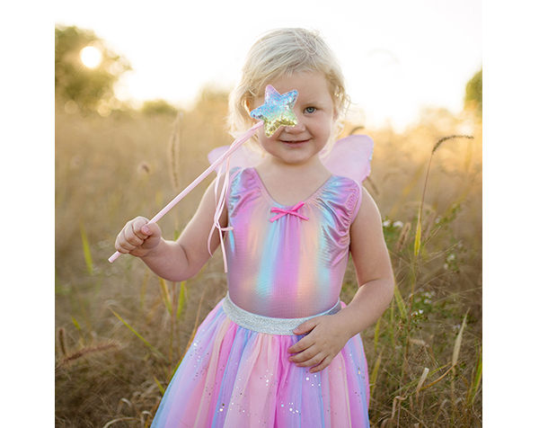 Falda  de Lentejuelas Arco Iris con Alas  y Varilla de Estrella, talla 4-6