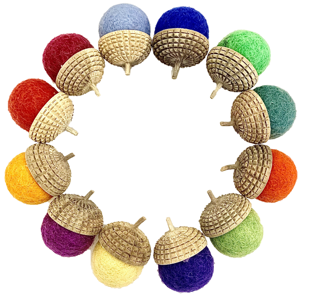 Pack de 12 bellotas de fieltro arco iris