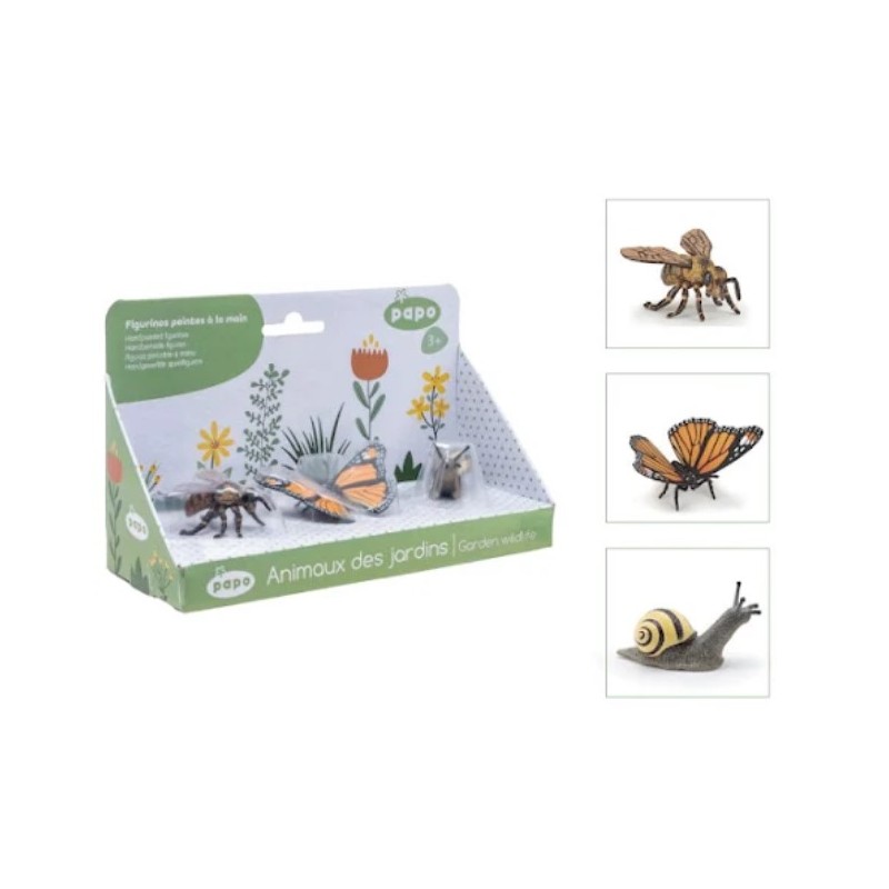 Animales Jardín con 3 figuras, abeja , Mariposa y Caracol