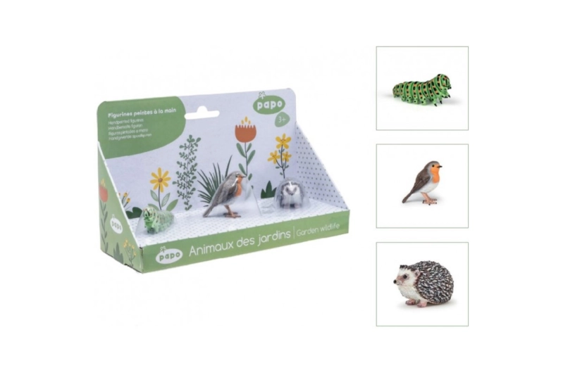 Animales Jardín con 3 figuras, Oruga, Petirrojo y Erizo
