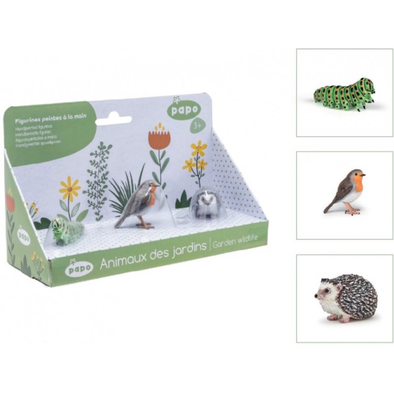 Animales Jardín con 3 figuras, Oruga, Petirrojo y Erizo